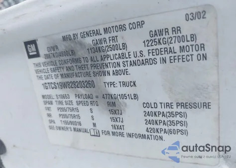 2002 GMC Sonoma Sls from USA, damaged, VIN 1GTCS19W828203260